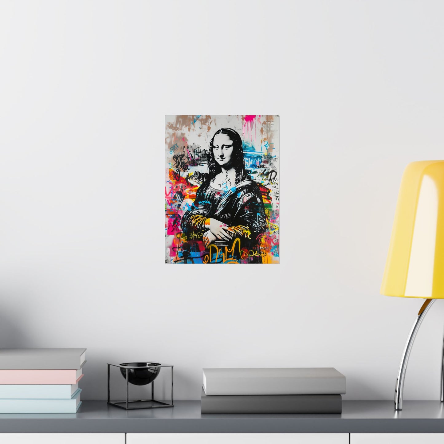 High-quality matte poster featuring a bold reinterpretation of the Monalisa in artpop urban graffiti style, blending classic elegance with edgy pop art for trendy modern spaces.