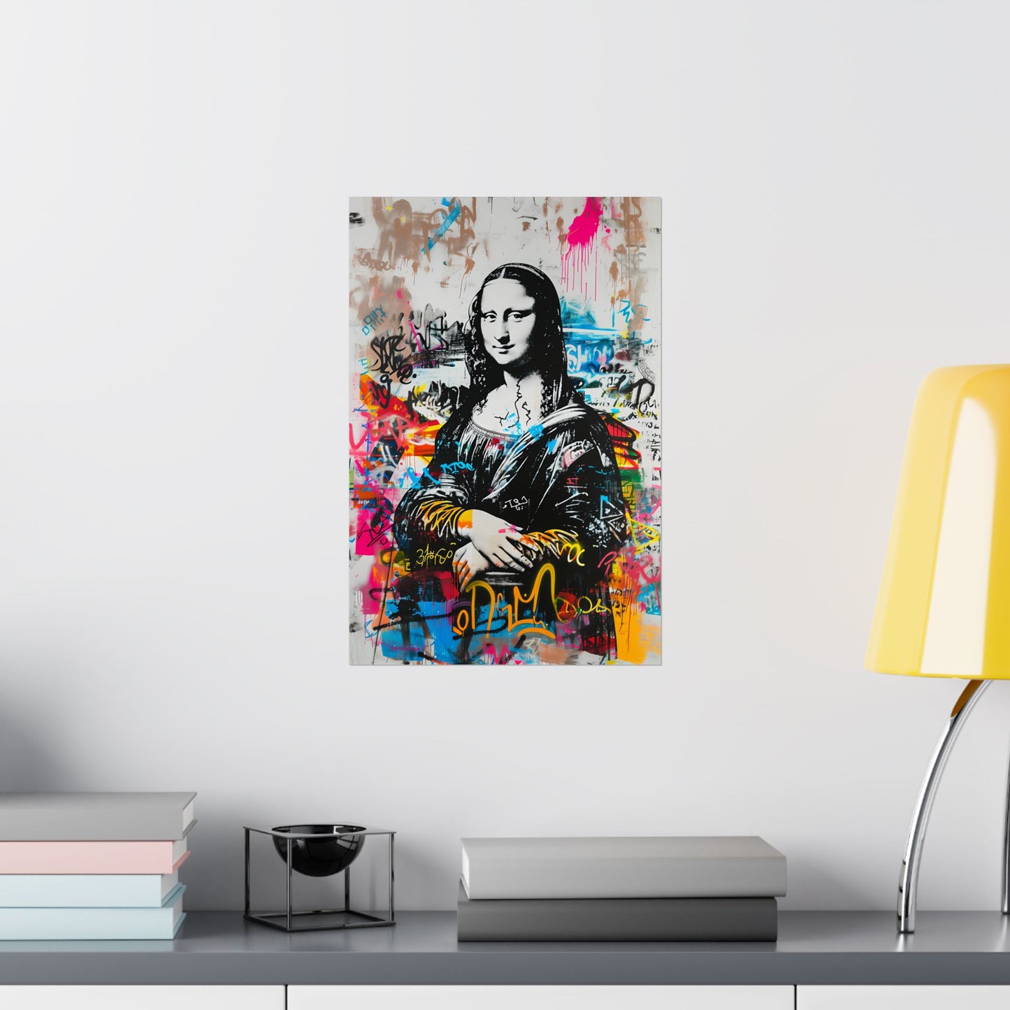 High-quality matte poster featuring a bold reinterpretation of the Monalisa in artpop urban graffiti style, blending classic elegance with edgy pop art for trendy modern spaces.