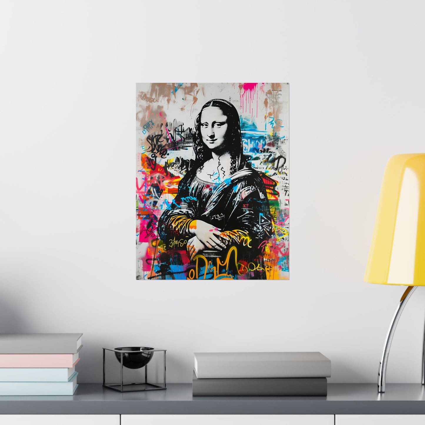 High-quality matte poster featuring a bold reinterpretation of the Monalisa in artpop urban graffiti style, blending classic elegance with edgy pop art for trendy modern spaces.