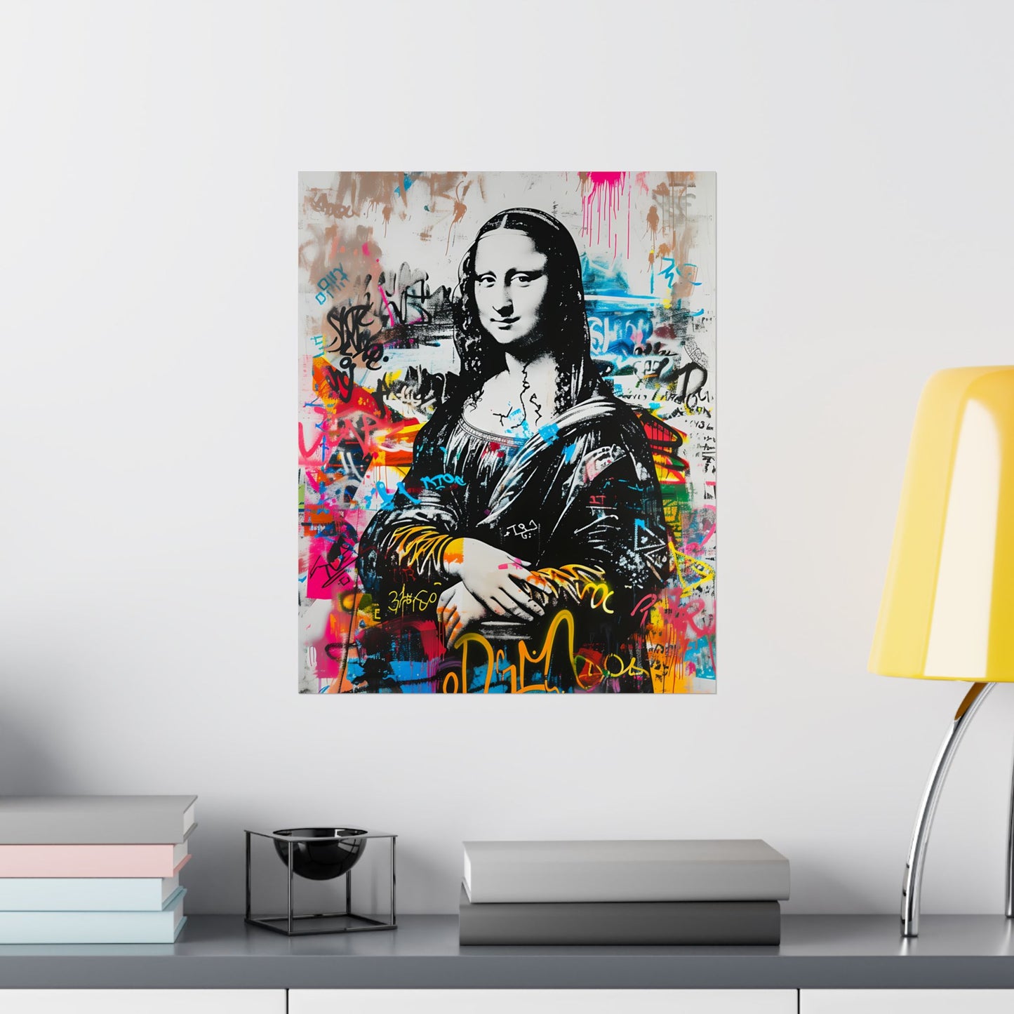 High-quality matte poster featuring a bold reinterpretation of the Monalisa in artpop urban graffiti style, blending classic elegance with edgy pop art for trendy modern spaces.