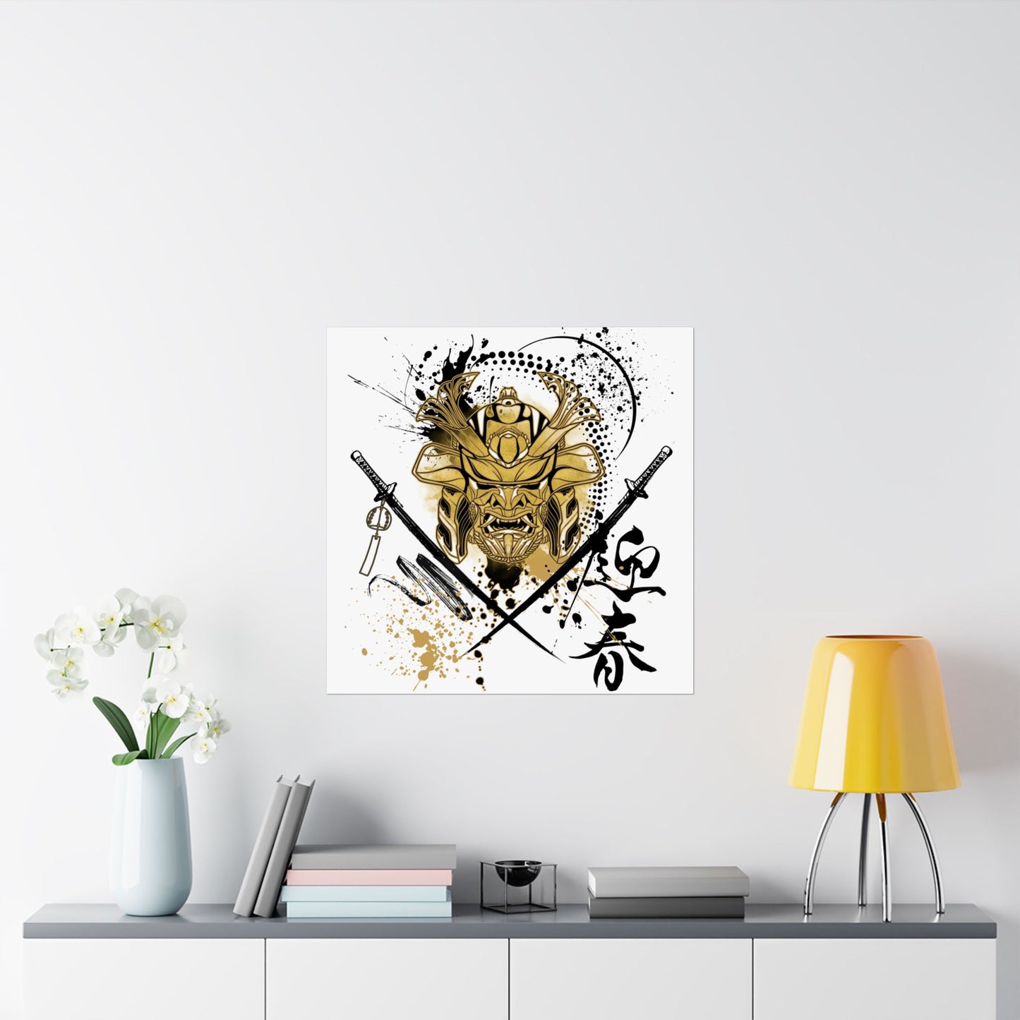 Japanese-inspired stencil art poster featuring a samurai warrior helmet and crossed katanas in bold black and gold. Perfect for martial arts studios, tattoo shops, and urban art collectors looking for minimalist yet powerful decor.