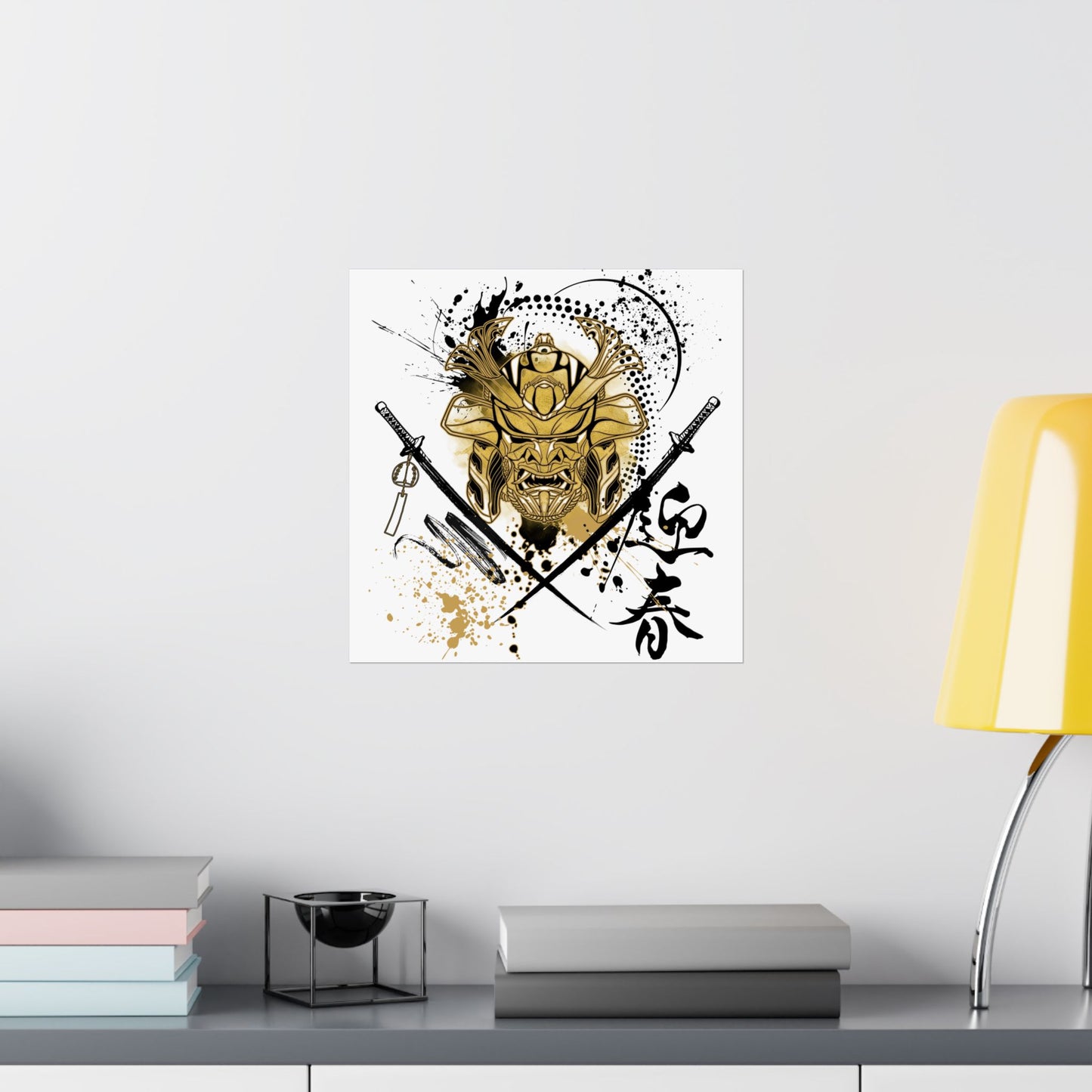 Japanese-inspired stencil art poster featuring a samurai warrior helmet and crossed katanas in bold black and gold. Perfect for martial arts studios, tattoo shops, and urban art collectors looking for minimalist yet powerful decor.