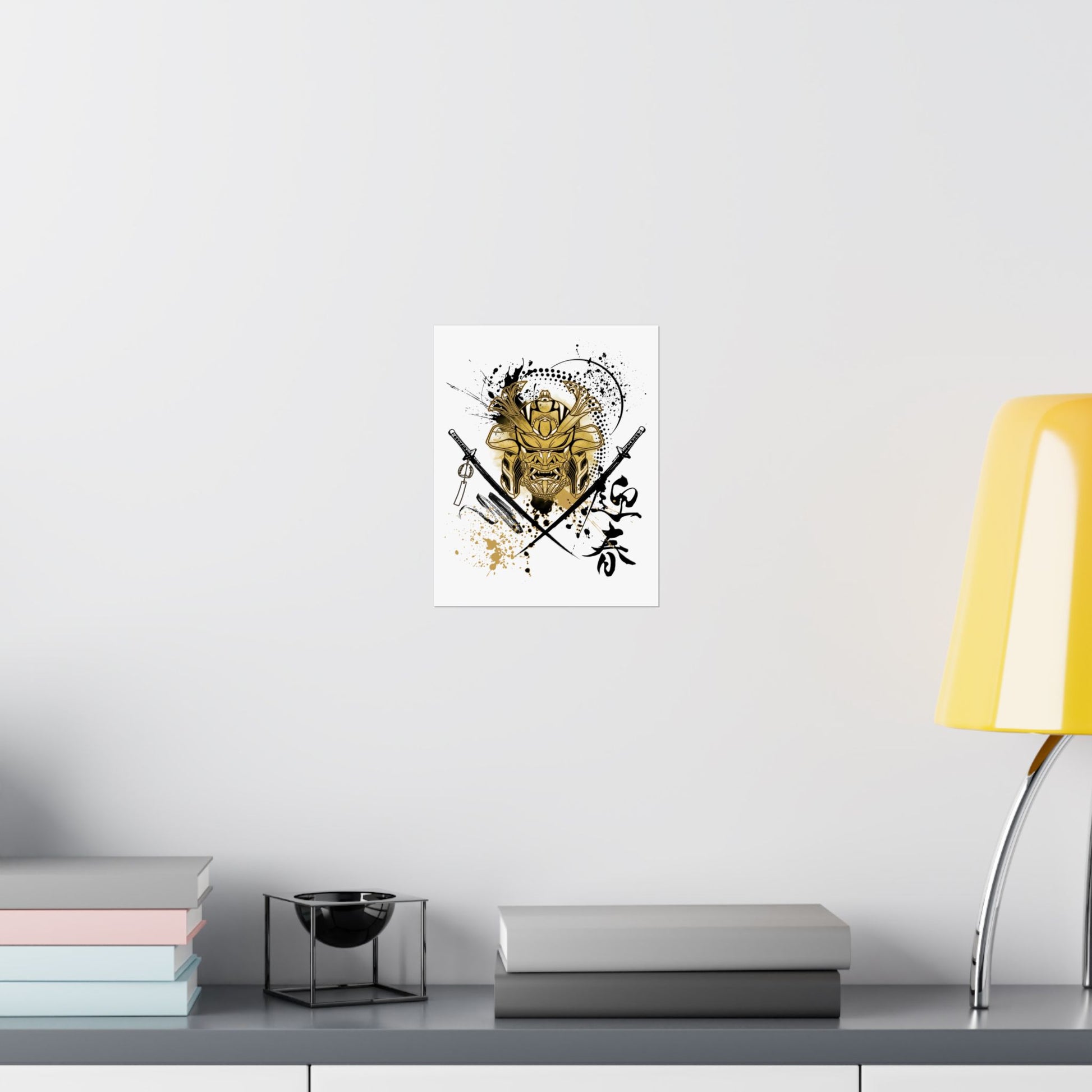 Japanese-inspired stencil art poster featuring a samurai warrior helmet and crossed katanas in bold black and gold. Perfect for martial arts studios, tattoo shops, and urban art collectors looking for minimalist yet powerful decor.