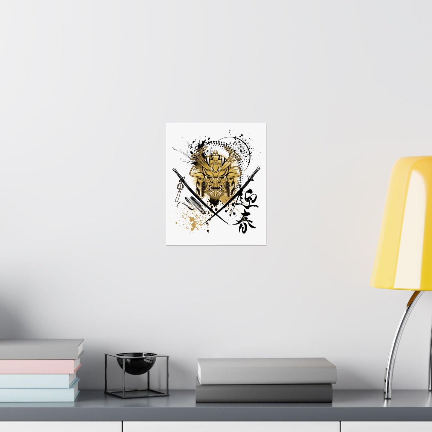 Japanese-inspired stencil art poster featuring a samurai warrior helmet and crossed katanas in bold black and gold. Perfect for martial arts studios, tattoo shops, and urban art collectors looking for minimalist yet powerful decor.