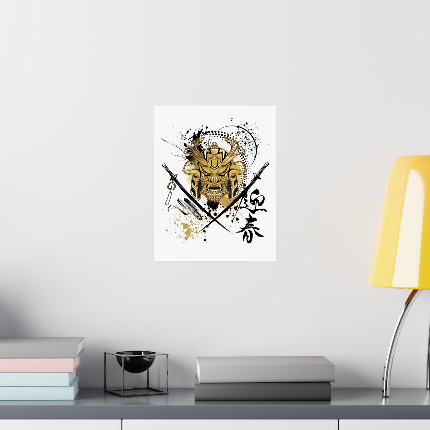 Japanese-inspired stencil art poster featuring a samurai warrior helmet and crossed katanas in bold black and gold. Perfect for martial arts studios, tattoo shops, and urban art collectors looking for minimalist yet powerful decor.