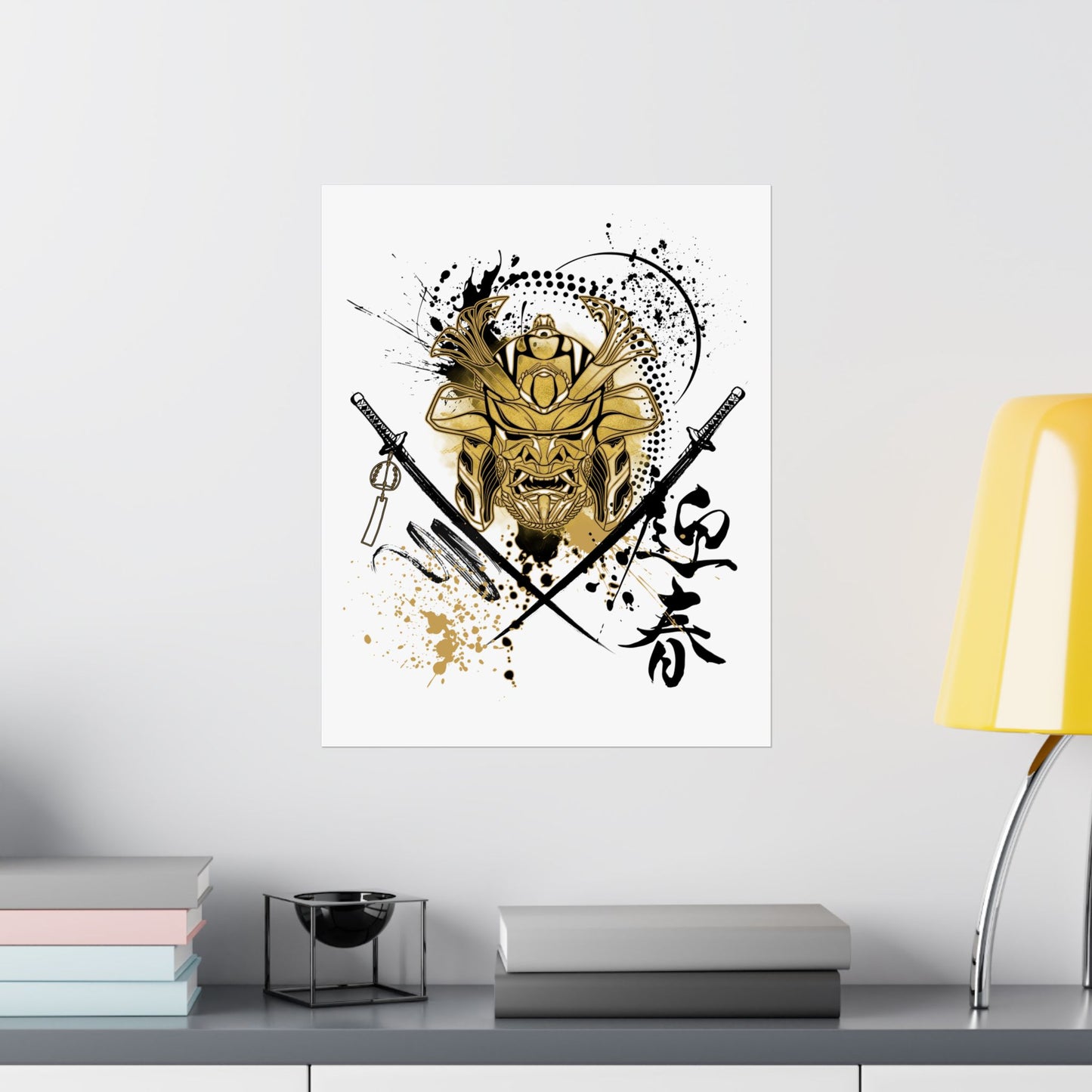 Japanese-inspired stencil art poster featuring a samurai warrior helmet and crossed katanas in bold black and gold. Perfect for martial arts studios, tattoo shops, and urban art collectors looking for minimalist yet powerful decor.