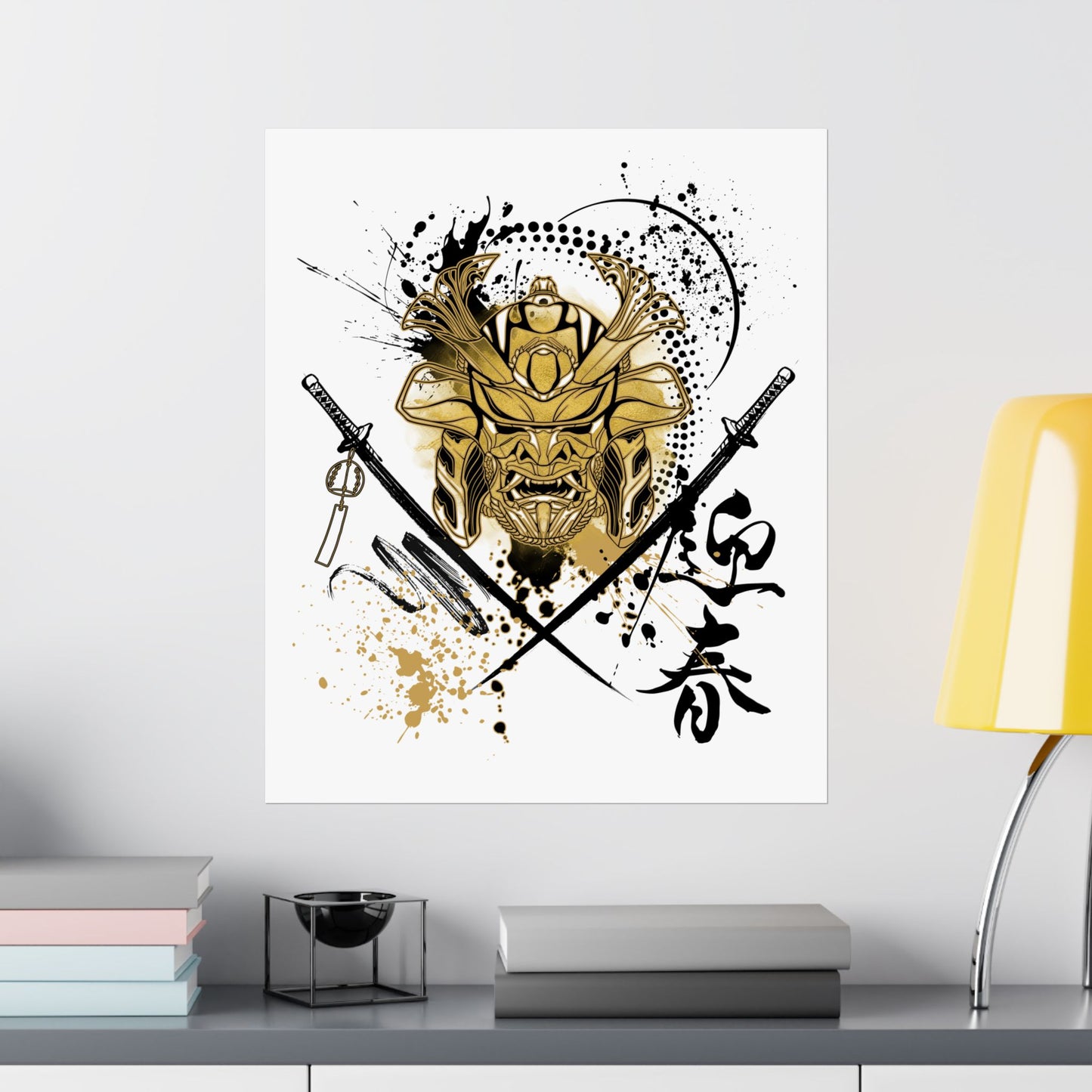 Japanese-inspired stencil art poster featuring a samurai warrior helmet and crossed katanas in bold black and gold. Perfect for martial arts studios, tattoo shops, and urban art collectors looking for minimalist yet powerful decor.