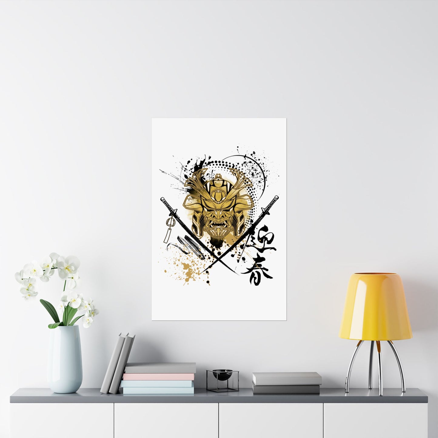 Japanese-inspired stencil art poster featuring a samurai warrior helmet and crossed katanas in bold black and gold. Perfect for martial arts studios, tattoo shops, and urban art collectors looking for minimalist yet powerful decor.