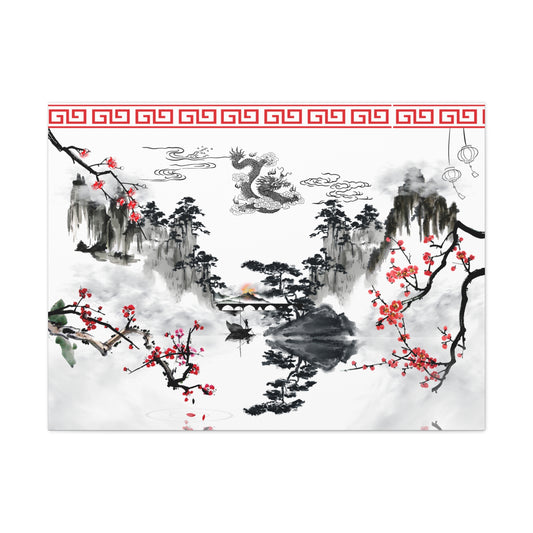 Serene dragon canvas gallery wrap featuring a majestic dragon amidst misty peaks and cherry blossoms. This Chinese landscape wall art brings harmony and elegance to spas, tea houses, and tranquil interiors, printed on high-quality, fade-resistant custom-size canvas.