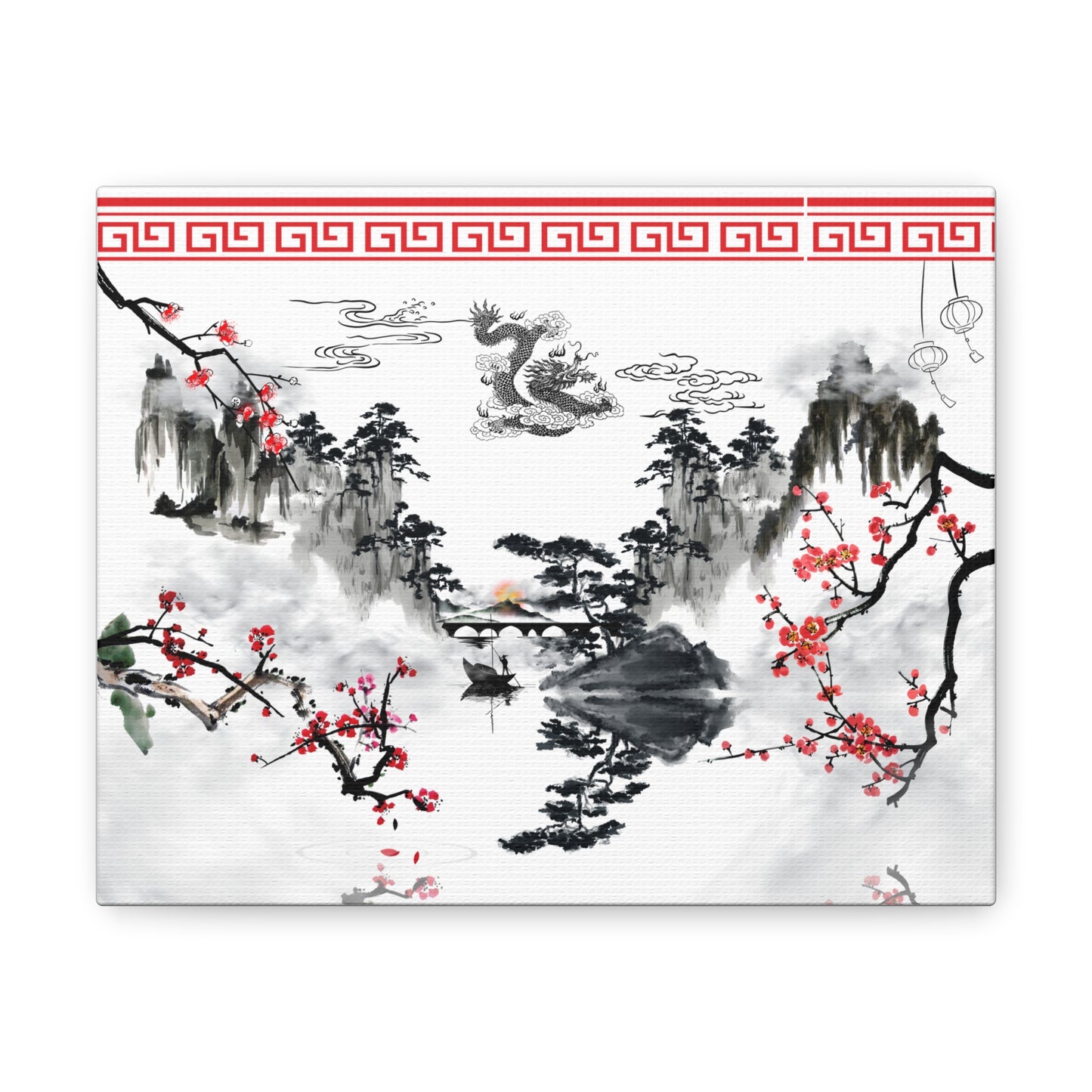 Serene dragon canvas gallery wrap featuring a majestic dragon amidst misty peaks and cherry blossoms. This Chinese landscape wall art brings harmony and elegance to spas, tea houses, and tranquil interiors, printed on high-quality, fade-resistant custom-size canvas.