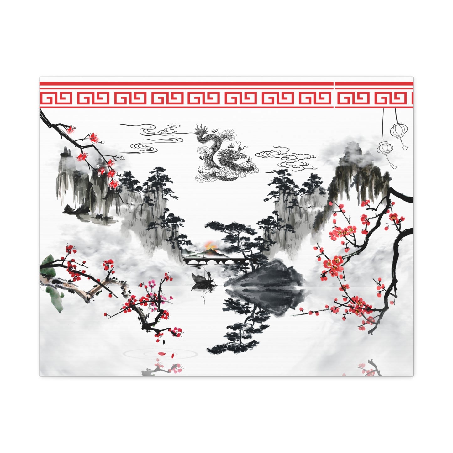 Serene dragon canvas gallery wrap featuring a majestic dragon amidst misty peaks and cherry blossoms. This Chinese landscape wall art brings harmony and elegance to spas, tea houses, and tranquil interiors, printed on high-quality, fade-resistant custom-size canvas.