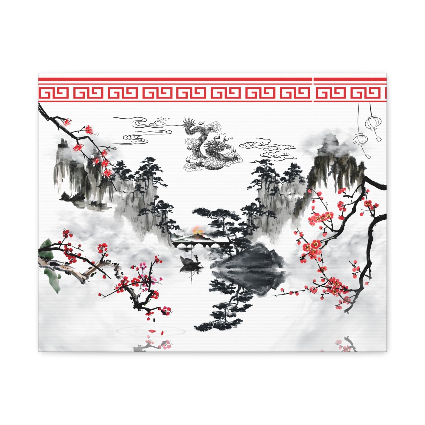 Serene dragon canvas gallery wrap featuring a majestic dragon amidst misty peaks and cherry blossoms. This Chinese landscape wall art brings harmony and elegance to spas, tea houses, and tranquil interiors, printed on high-quality, fade-resistant custom-size canvas.