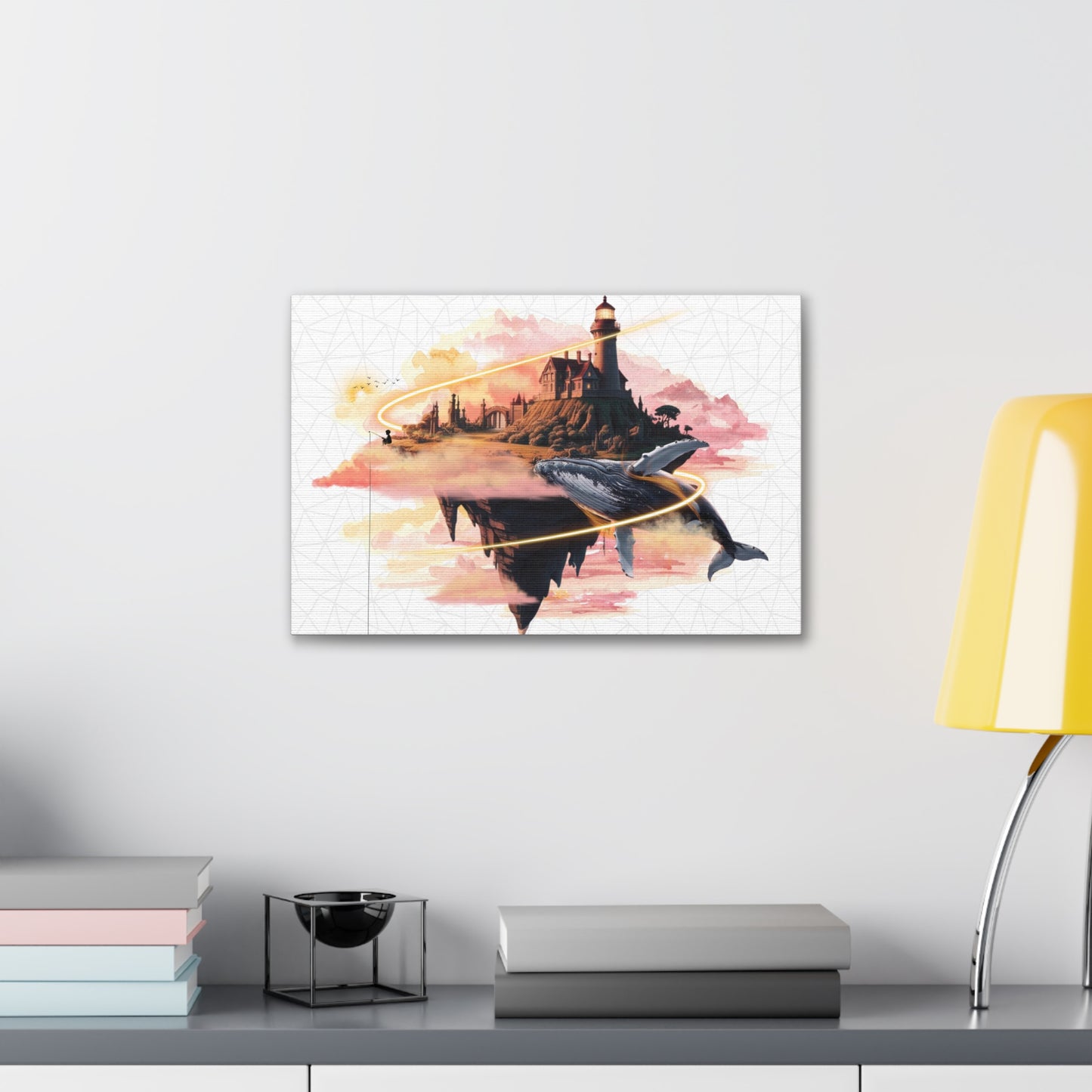 Surreal canvas gallery wrap featuring a flying whale and lighthouse design. This imaginative art piece adds creativity and color to any room, making it perfect for home decor and a unique gift for holidays, birthdays, or housewarmings.