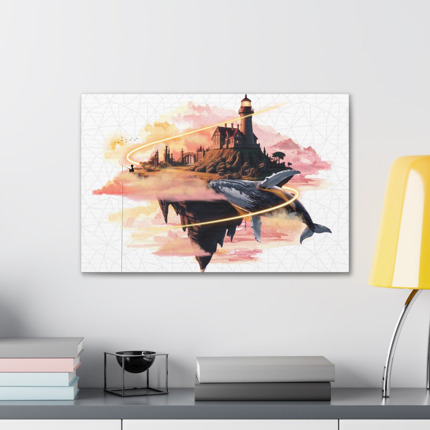 Surreal canvas gallery wrap featuring a flying whale and lighthouse design. This imaginative art piece adds creativity and color to any room, making it perfect for home decor and a unique gift for holidays, birthdays, or housewarmings.