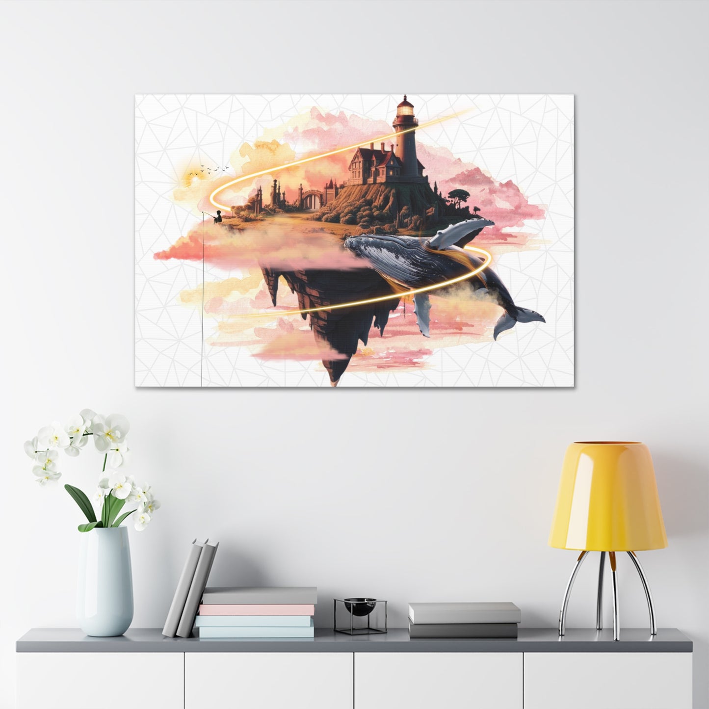 Surreal canvas gallery wrap featuring a flying whale and lighthouse design. This imaginative art piece adds creativity and color to any room, making it perfect for home decor and a unique gift for holidays, birthdays, or housewarmings.