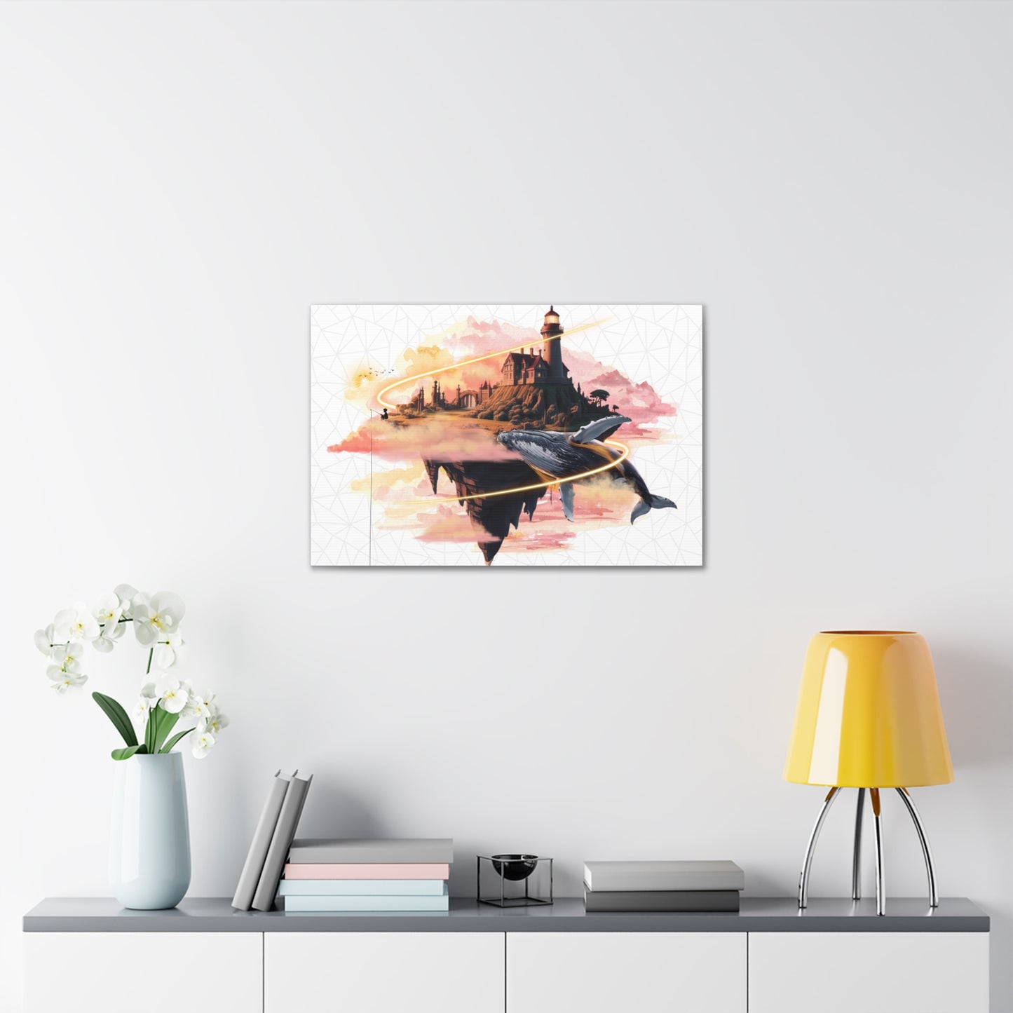 Surreal canvas gallery wrap featuring a flying whale and lighthouse design. This imaginative art piece adds creativity and color to any room, making it perfect for home decor and a unique gift for holidays, birthdays, or housewarmings.