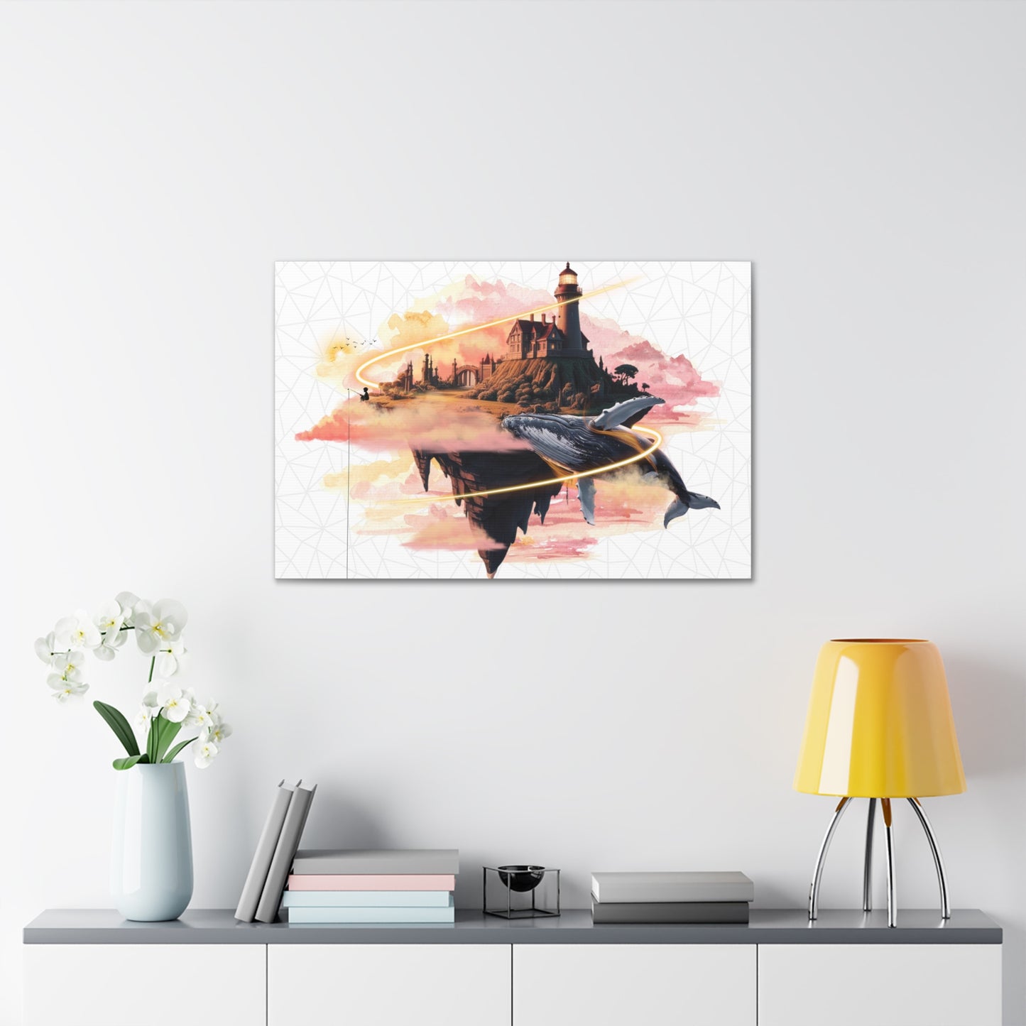 Surreal canvas gallery wrap featuring a flying whale and lighthouse design. This imaginative art piece adds creativity and color to any room, making it perfect for home decor and a unique gift for holidays, birthdays, or housewarmings.