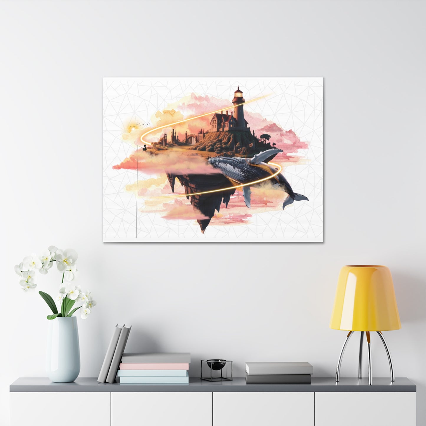 Surreal canvas gallery wrap featuring a flying whale and lighthouse design. This imaginative art piece adds creativity and color to any room, making it perfect for home decor and a unique gift for holidays, birthdays, or housewarmings.