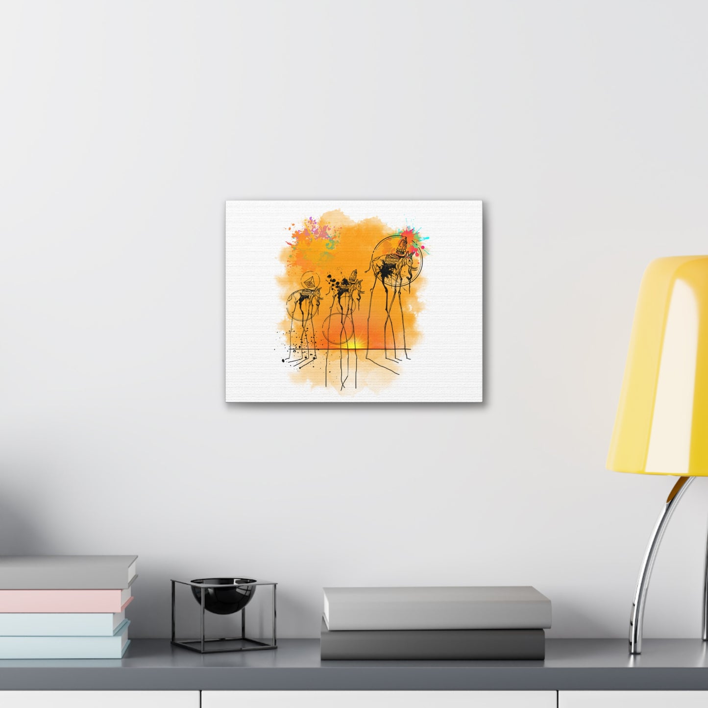 Salvador Dali-inspired canvas gallery wrap featuring a surreal depiction of elephants. This bold, abstract wall art merges classic surrealism with modern design, printed on museum-quality materials. Perfect for art collectors, interior design lovers, and those seeking imaginative decor that makes a statement.