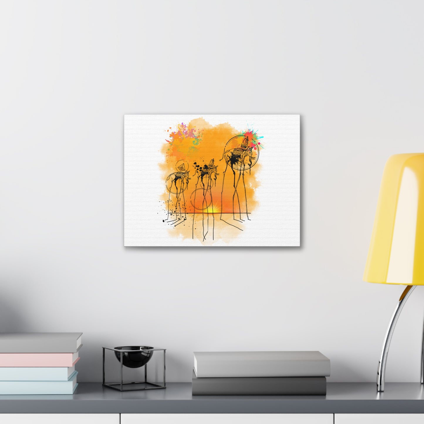 Salvador Dali-inspired canvas gallery wrap featuring a surreal depiction of elephants. This bold, abstract wall art merges classic surrealism with modern design, printed on museum-quality materials. Perfect for art collectors, interior design lovers, and those seeking imaginative decor that makes a statement.