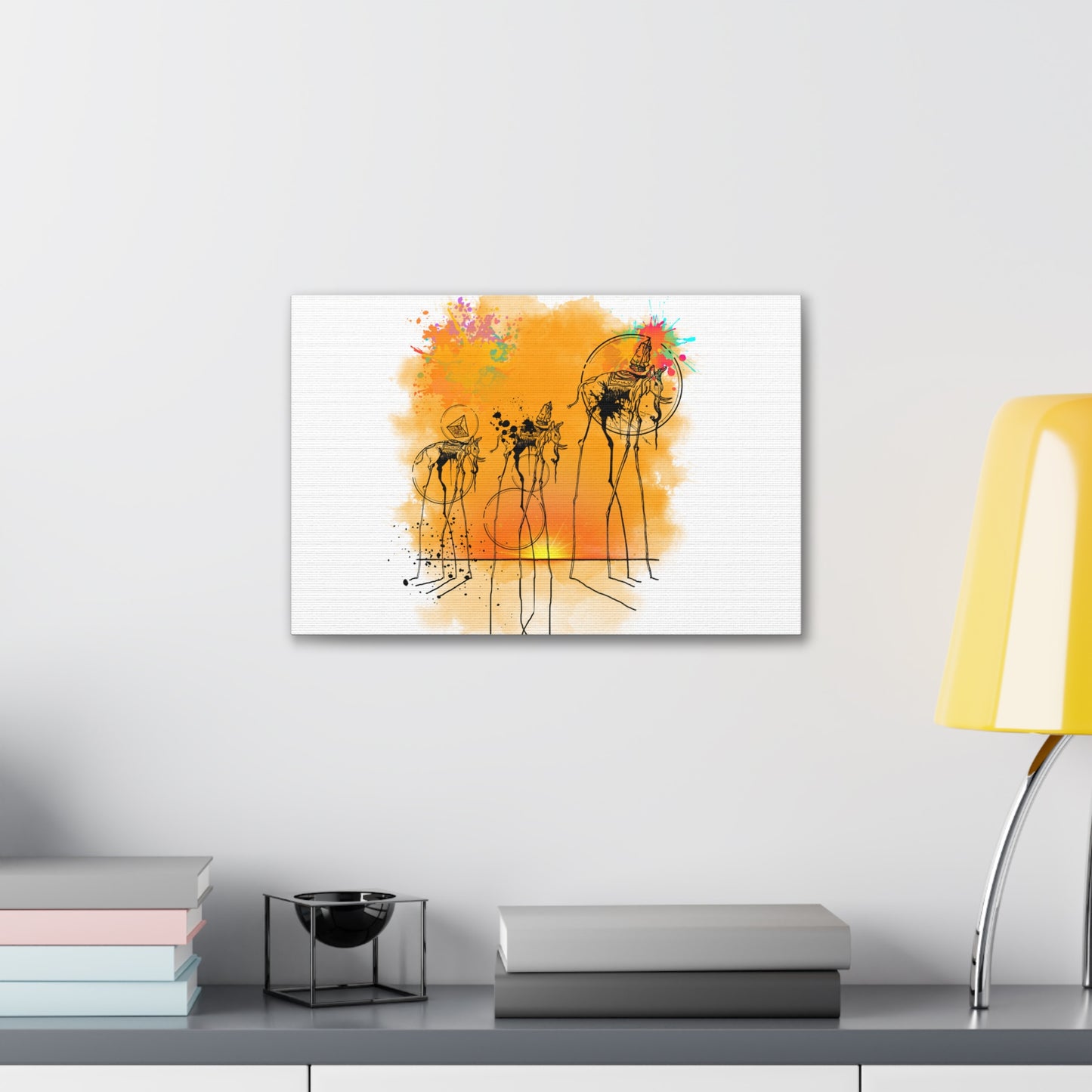 Salvador Dali-inspired canvas gallery wrap featuring a surreal depiction of elephants. This bold, abstract wall art merges classic surrealism with modern design, printed on museum-quality materials. Perfect for art collectors, interior design lovers, and those seeking imaginative decor that makes a statement.