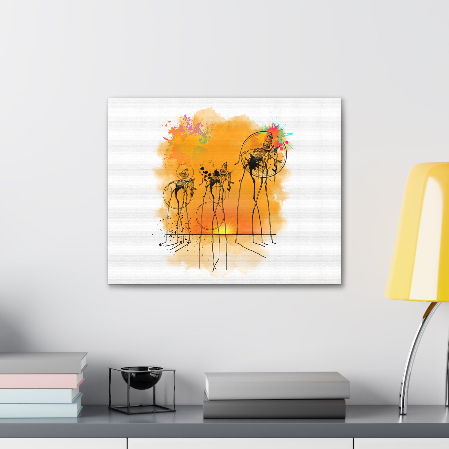 Salvador Dali-inspired canvas gallery wrap featuring a surreal depiction of elephants. This bold, abstract wall art merges classic surrealism with modern design, printed on museum-quality materials. Perfect for art collectors, interior design lovers, and those seeking imaginative decor that makes a statement.