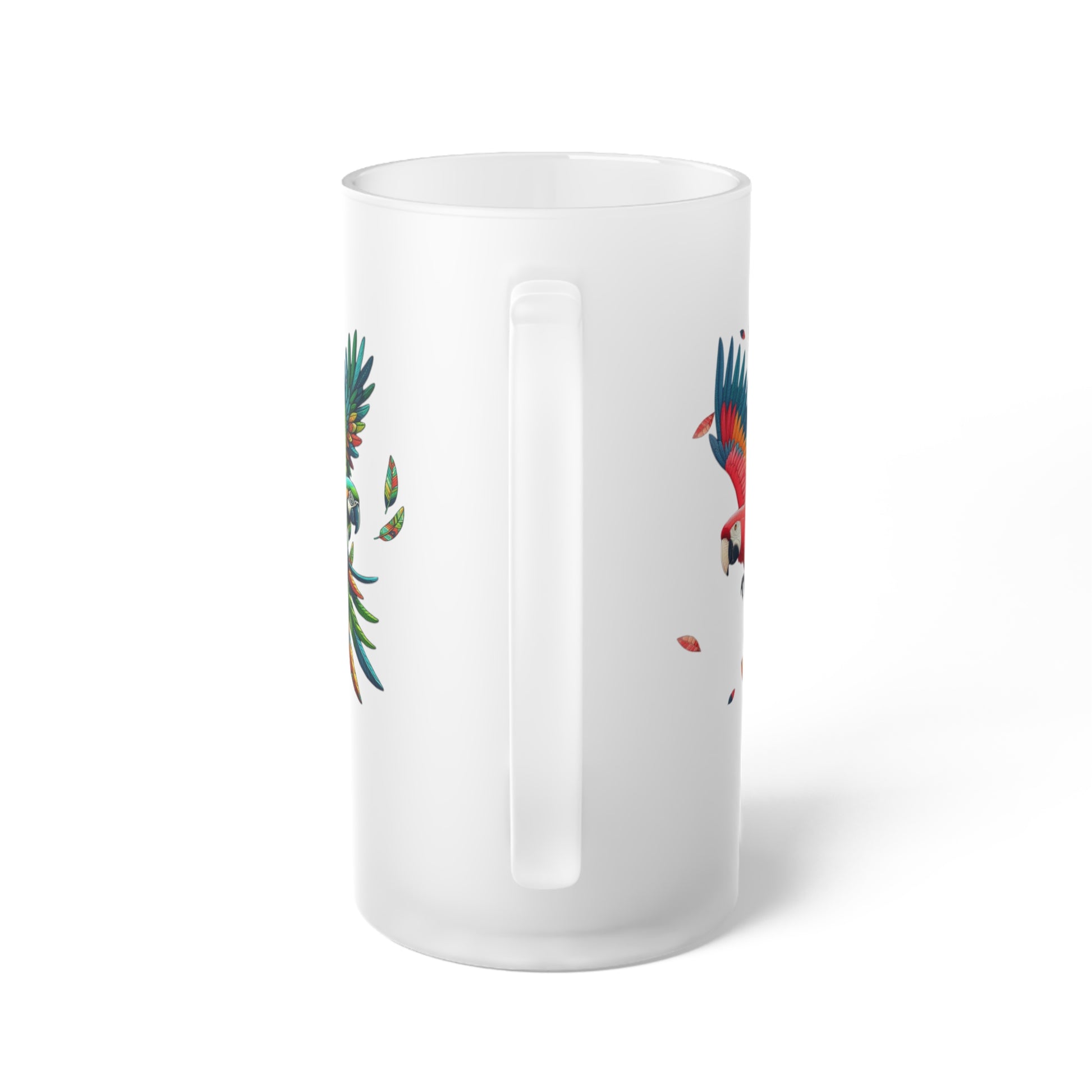 Frosted glass beer mug featuring a vibrant tropical design with green and scarlet macaw artwork. Ideal for enjoying cold brews at parties, barbecues, and brewery visits, this custom mug adds colorful wildlife charm to your drinkware collection.