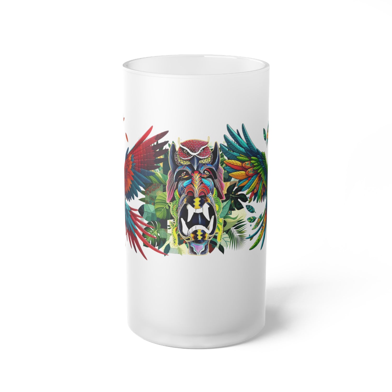 Frosted glass beer mug featuring a vibrant tropical design with green and scarlet macaw artwork. Ideal for enjoying cold brews at parties, barbecues, and brewery visits, this custom mug adds colorful wildlife charm to your drinkware collection.