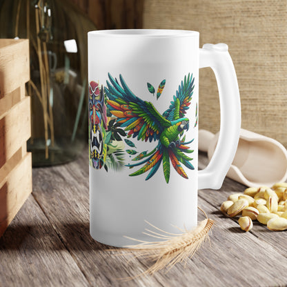 Frosted glass beer mug featuring a vibrant tropical design with green and scarlet macaw artwork. Ideal for enjoying cold brews at parties, barbecues, and brewery visits, this custom mug adds colorful wildlife charm to your drinkware collection.