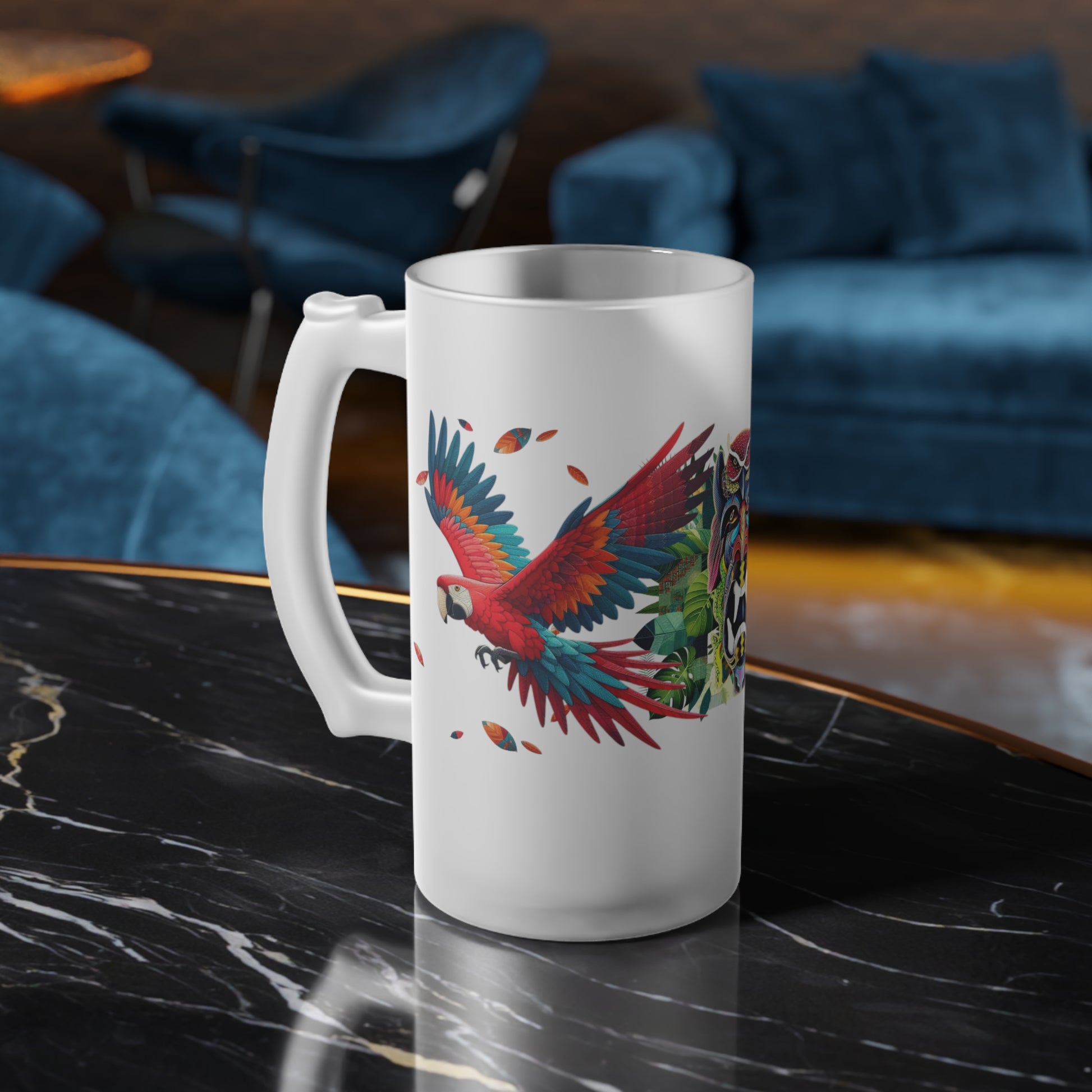 Frosted glass beer mug featuring a vibrant tropical design with green and scarlet macaw artwork. Ideal for enjoying cold brews at parties, barbecues, and brewery visits, this custom mug adds colorful wildlife charm to your drinkware collection.