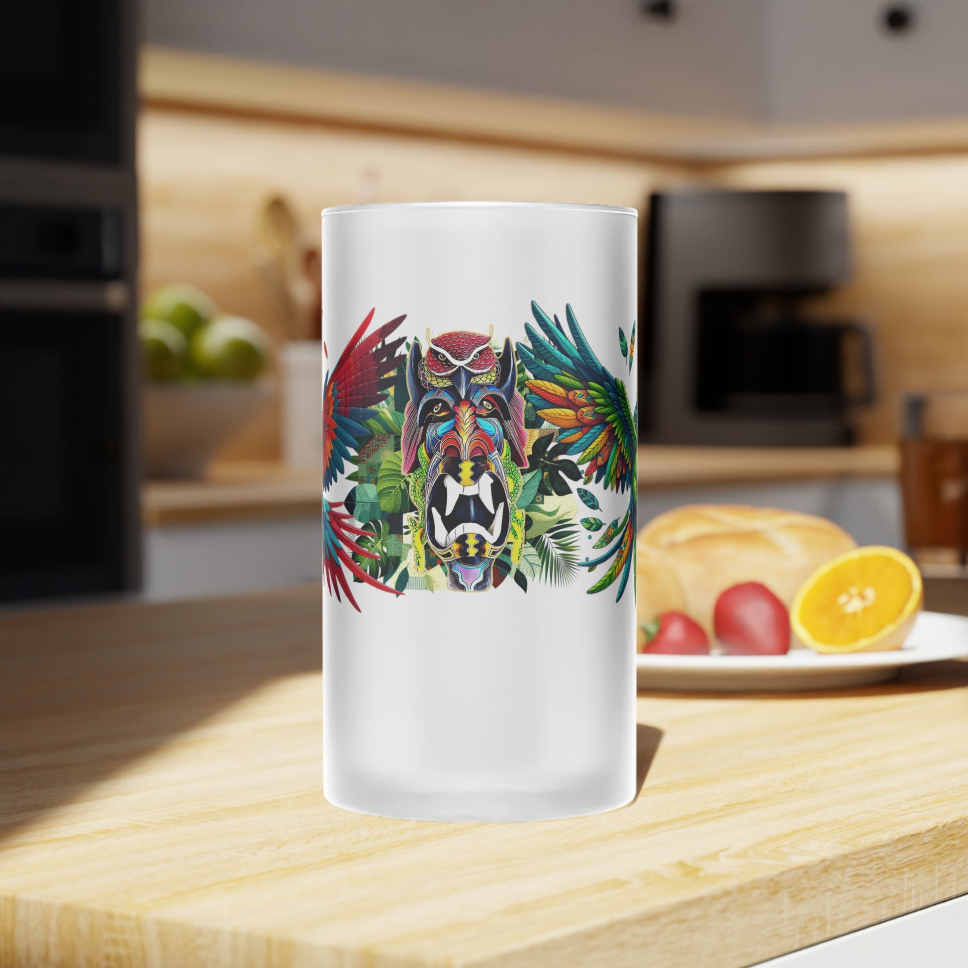 Frosted glass beer mug featuring a vibrant tropical design with green and scarlet macaw artwork. Ideal for enjoying cold brews at parties, barbecues, and brewery visits, this custom mug adds colorful wildlife charm to your drinkware collection.