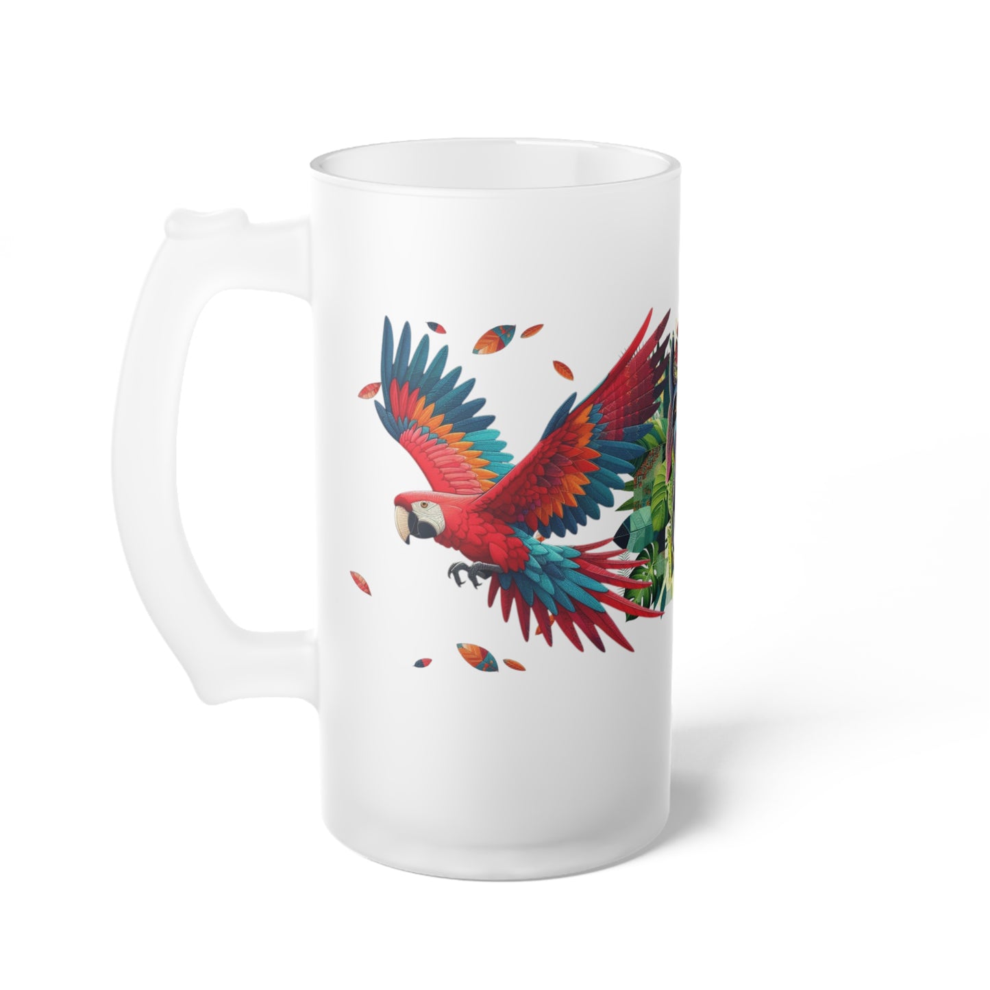 Frosted glass beer mug featuring a vibrant tropical design with green and scarlet macaw artwork. Ideal for enjoying cold brews at parties, barbecues, and brewery visits, this custom mug adds colorful wildlife charm to your drinkware collection.