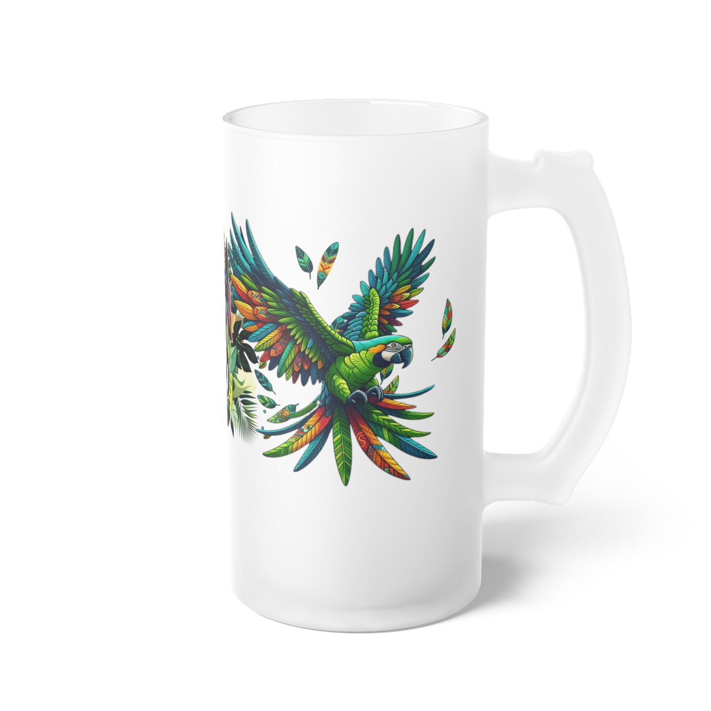 Frosted glass beer mug featuring a vibrant tropical design with green and scarlet macaw artwork. Ideal for enjoying cold brews at parties, barbecues, and brewery visits, this custom mug adds colorful wildlife charm to your drinkware collection.