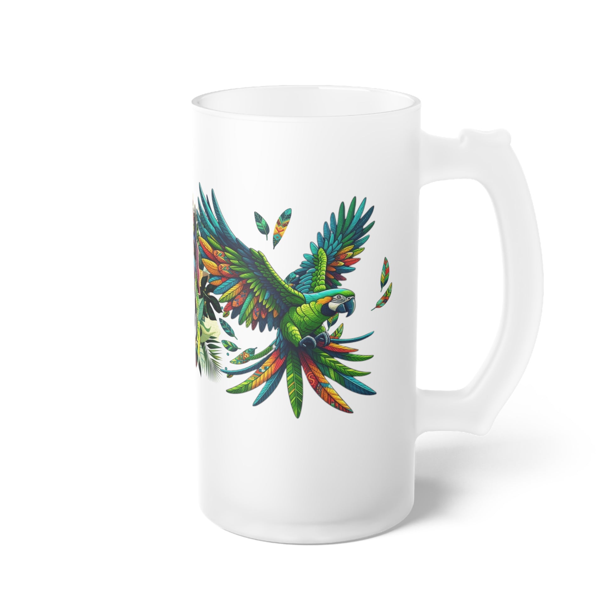 Frosted glass beer mug featuring a vibrant tropical design with green and scarlet macaw artwork. Ideal for enjoying cold brews at parties, barbecues, and brewery visits, this custom mug adds colorful wildlife charm to your drinkware collection.