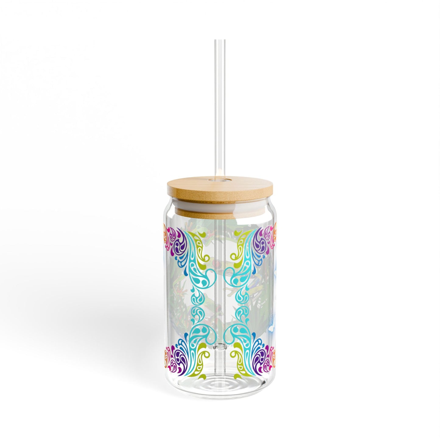 Eco-friendly 16oz tropical sipper glass with a bamboo lid, featuring a vibrant rainforest-inspired frog design—perfect for nature lovers and stylish drinkware collectors.







