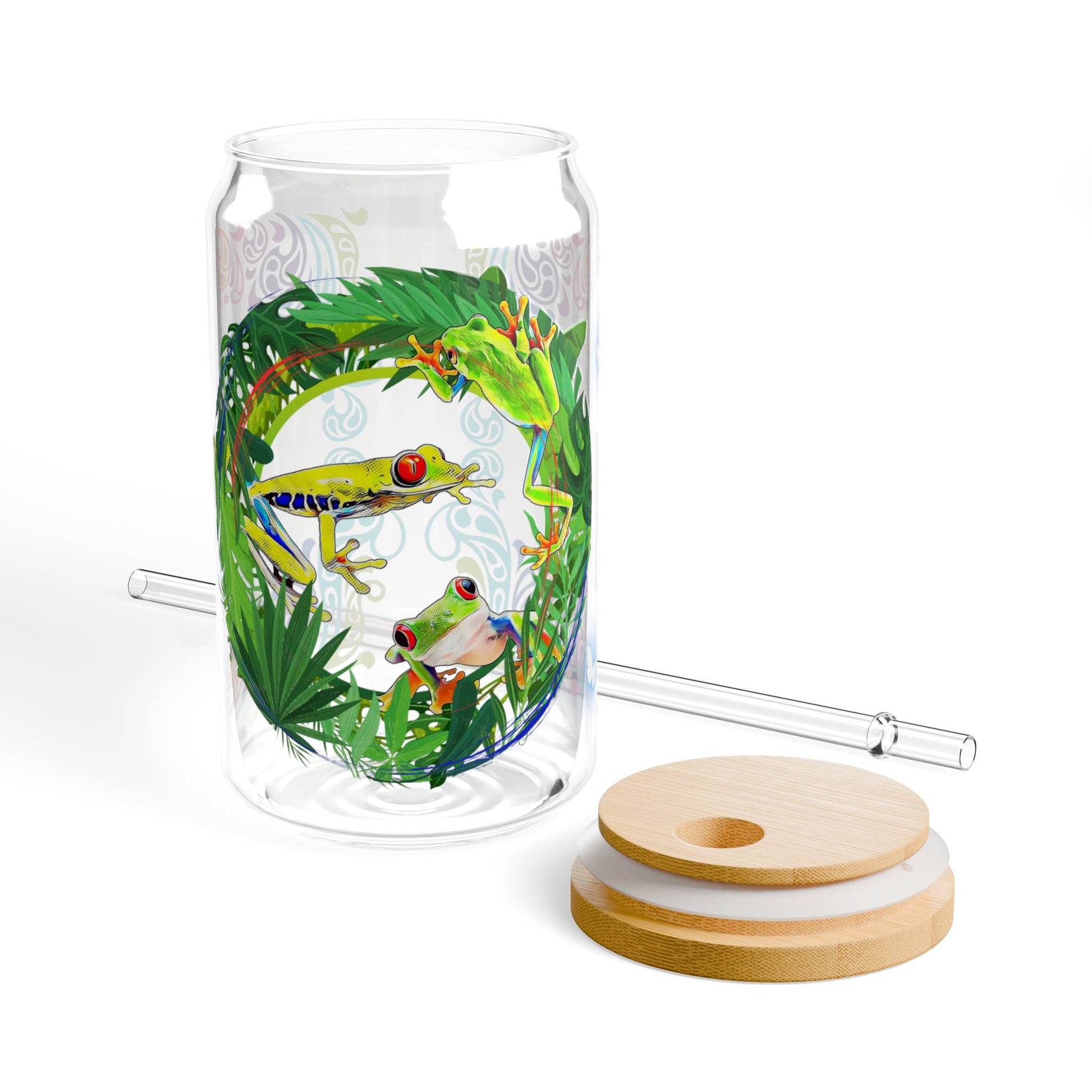 Eco-friendly 16oz tropical sipper glass with a bamboo lid, featuring a vibrant rainforest-inspired frog design—perfect for nature lovers and stylish drinkware collectors.







