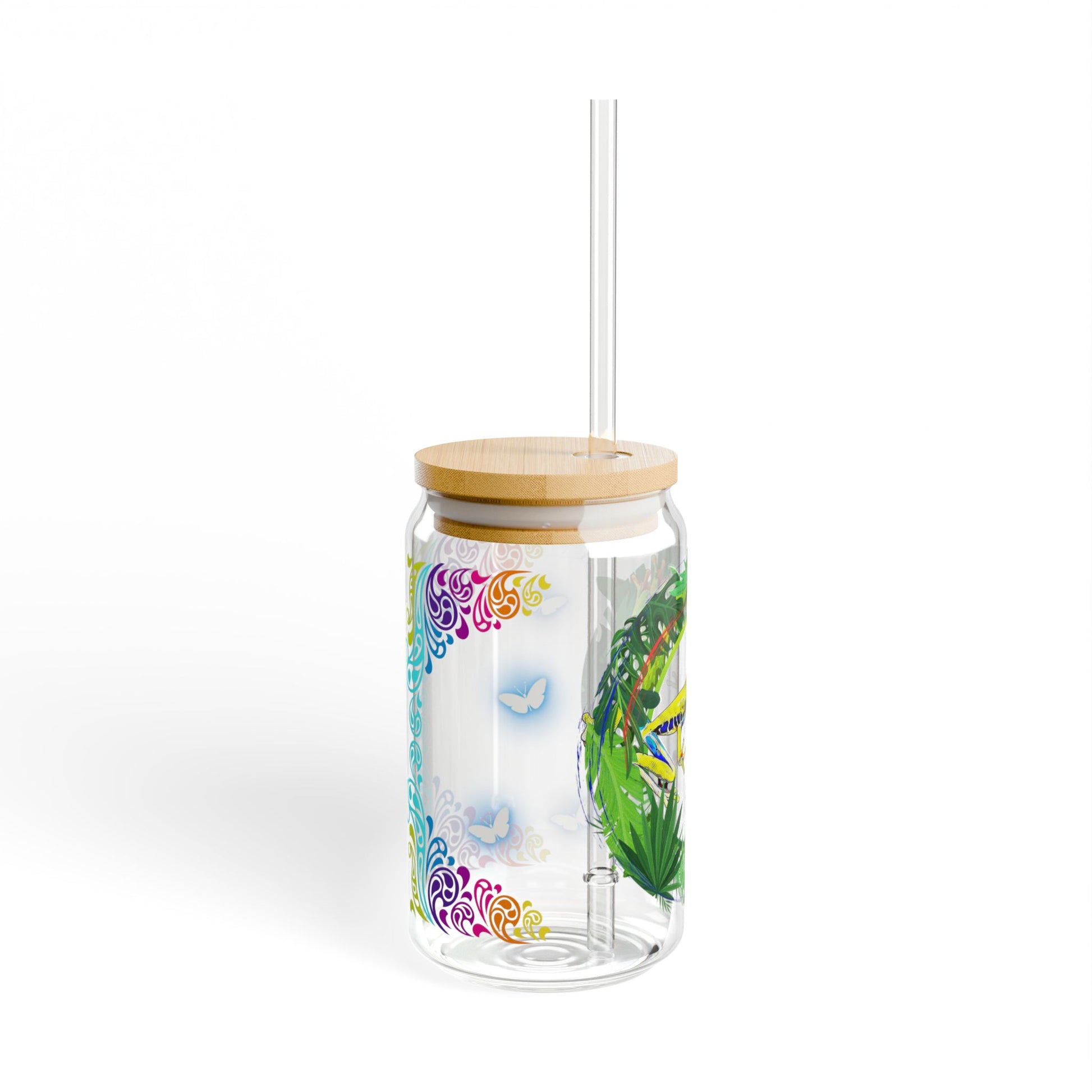 Eco-friendly 16oz tropical sipper glass with a bamboo lid, featuring a vibrant rainforest-inspired frog design—perfect for nature lovers and stylish drinkware collectors.







