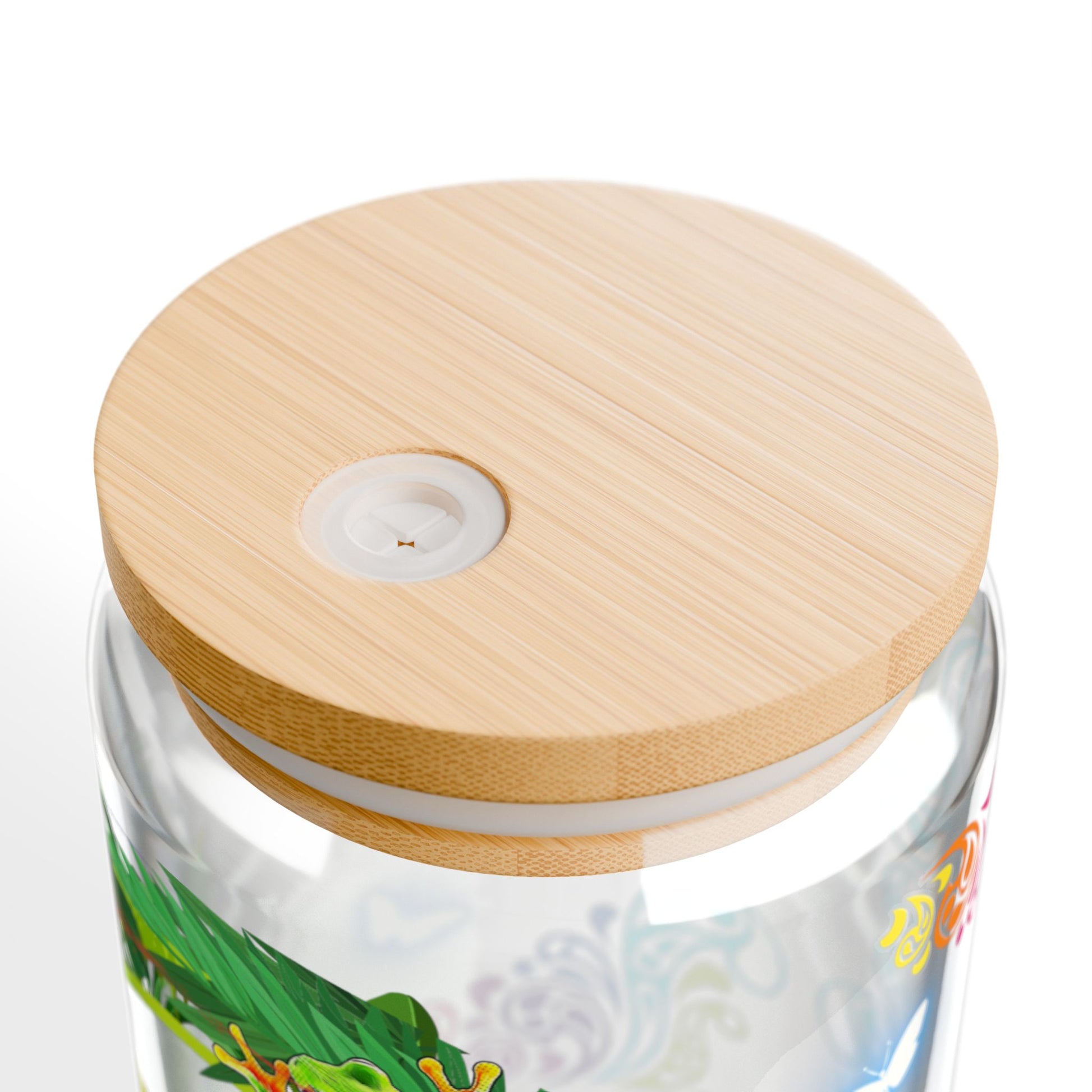 Eco-friendly 16oz tropical sipper glass with a bamboo lid, featuring a vibrant rainforest-inspired frog design—perfect for nature lovers and stylish drinkware collectors.







