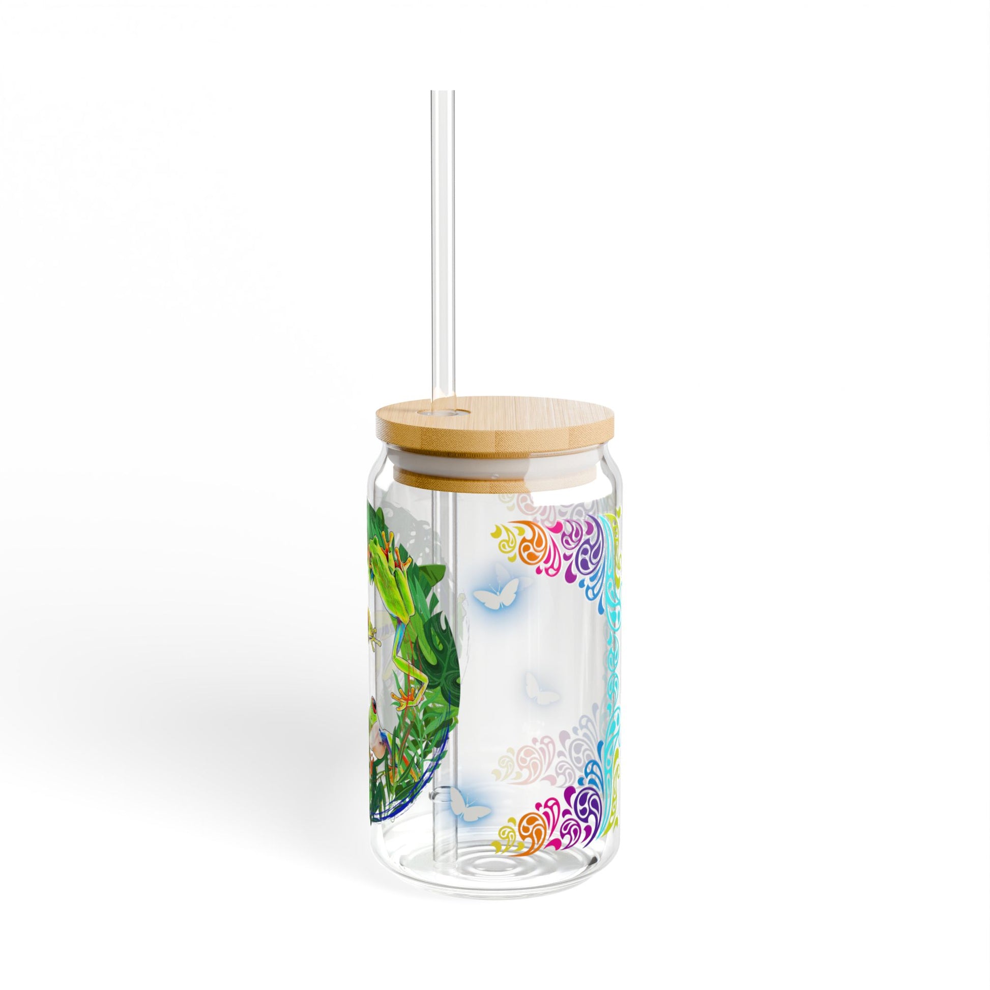 Eco-friendly 16oz tropical sipper glass with a bamboo lid, featuring a vibrant rainforest-inspired frog design—perfect for nature lovers and stylish drinkware collectors.







