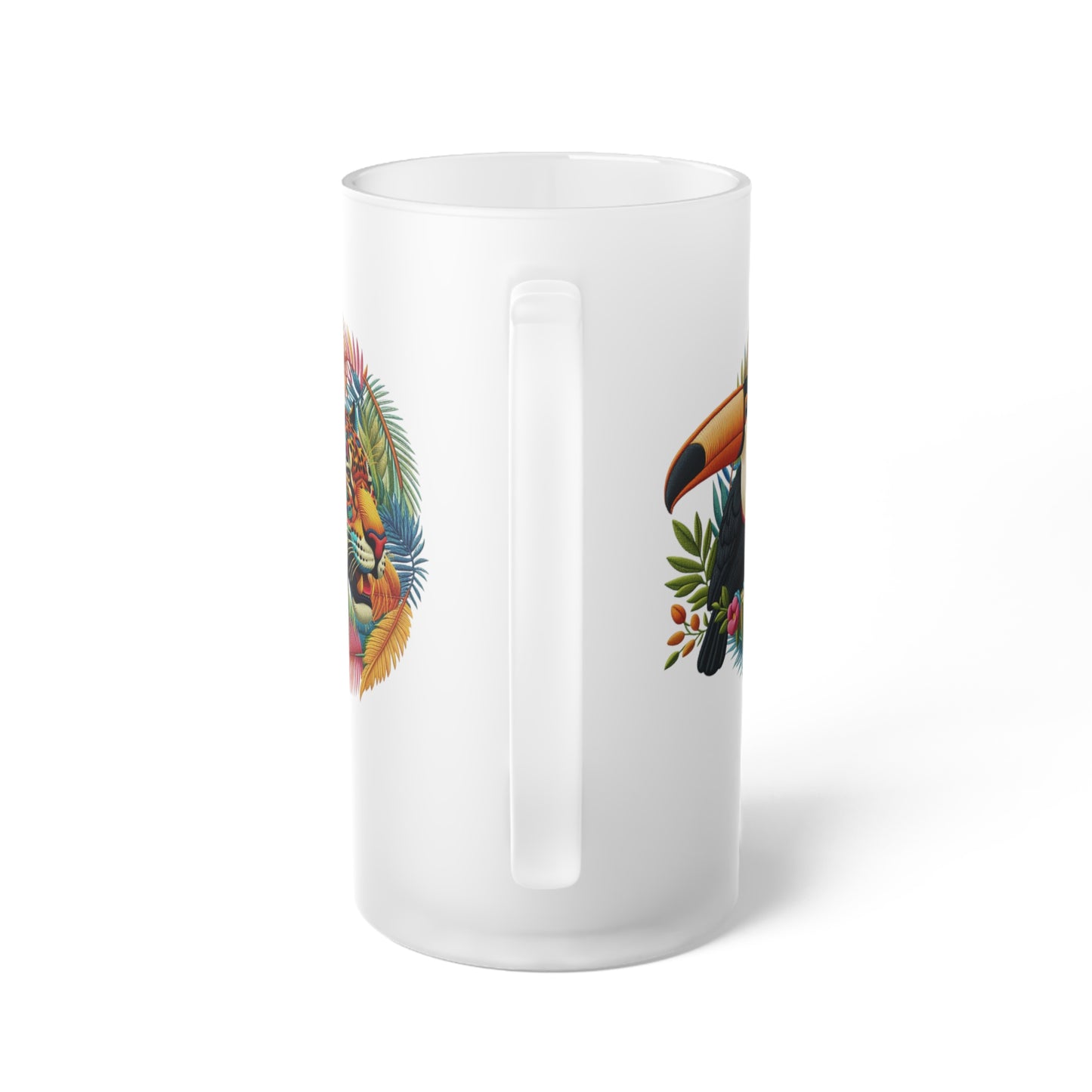 Eco-friendly frosted glass beer mug featuring artwork of a majestic jaguar and colorful toucan, perfect for tropical wildlife enthusiasts. Ideal for bars, man caves, or home settings, this premium mug combines nature-inspired design with sustainability. Enjoy your favorite beer in style while contributing to environmental protection.