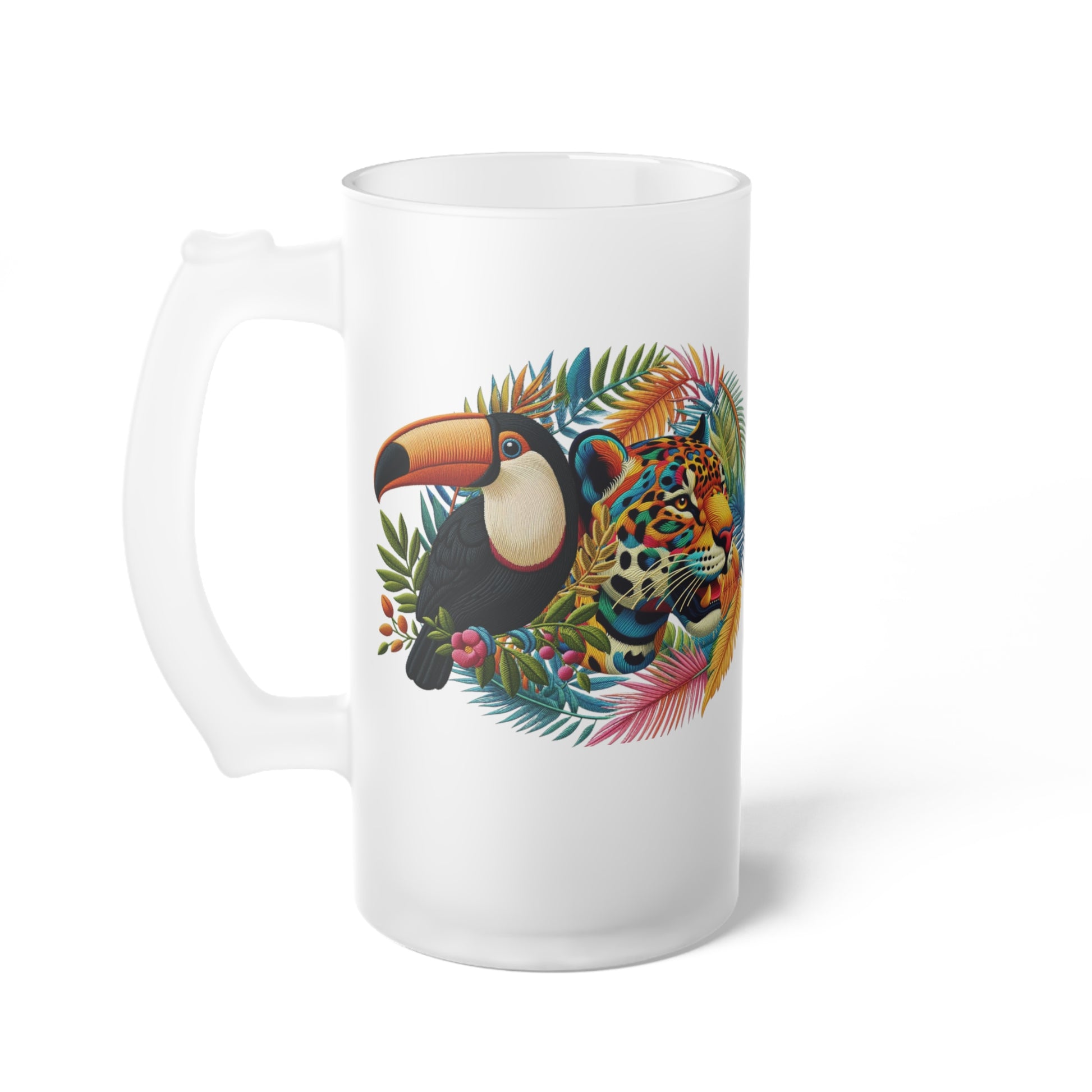 Eco-friendly frosted glass beer mug featuring artwork of a majestic jaguar and colorful toucan, perfect for tropical wildlife enthusiasts. Ideal for bars, man caves, or home settings, this premium mug combines nature-inspired design with sustainability. Enjoy your favorite beer in style while contributing to environmental protection.