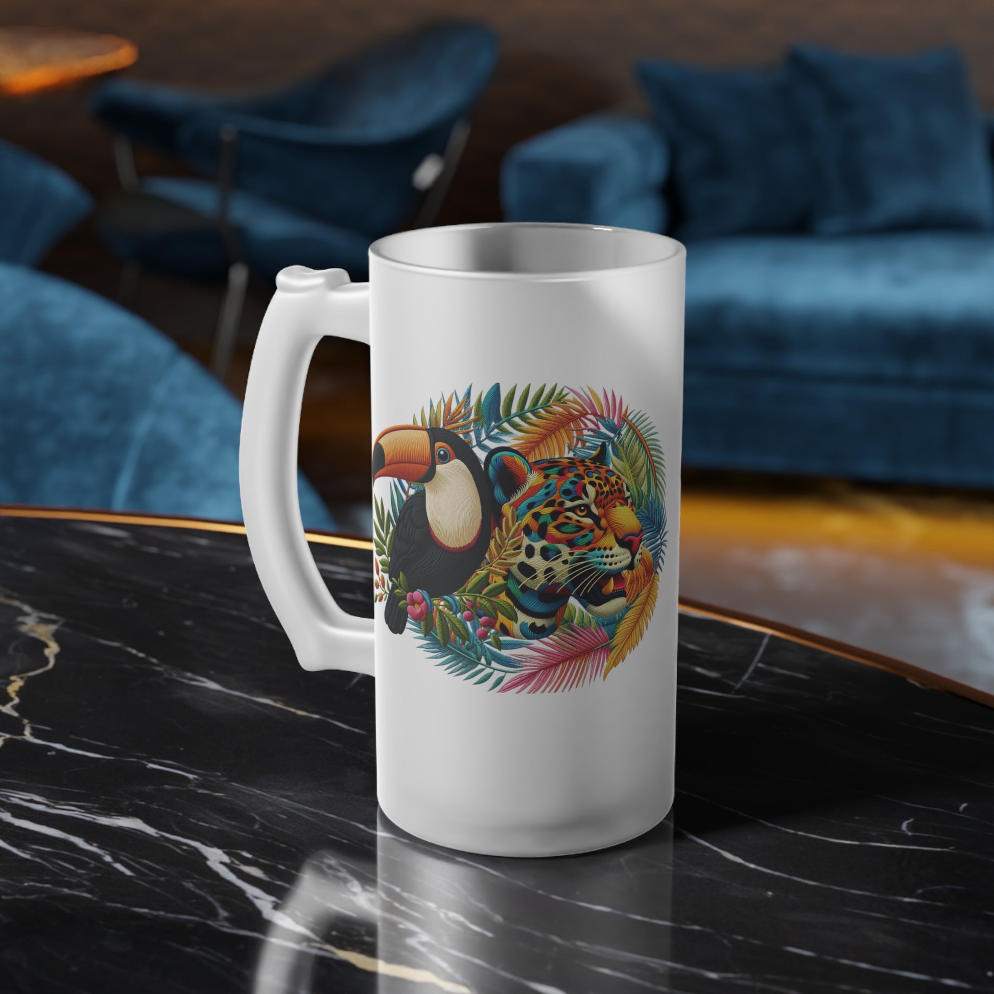 Eco-friendly frosted glass beer mug featuring artwork of a majestic jaguar and colorful toucan, perfect for tropical wildlife enthusiasts. Ideal for bars, man caves, or home settings, this premium mug combines nature-inspired design with sustainability. Enjoy your favorite beer in style while contributing to environmental protection.