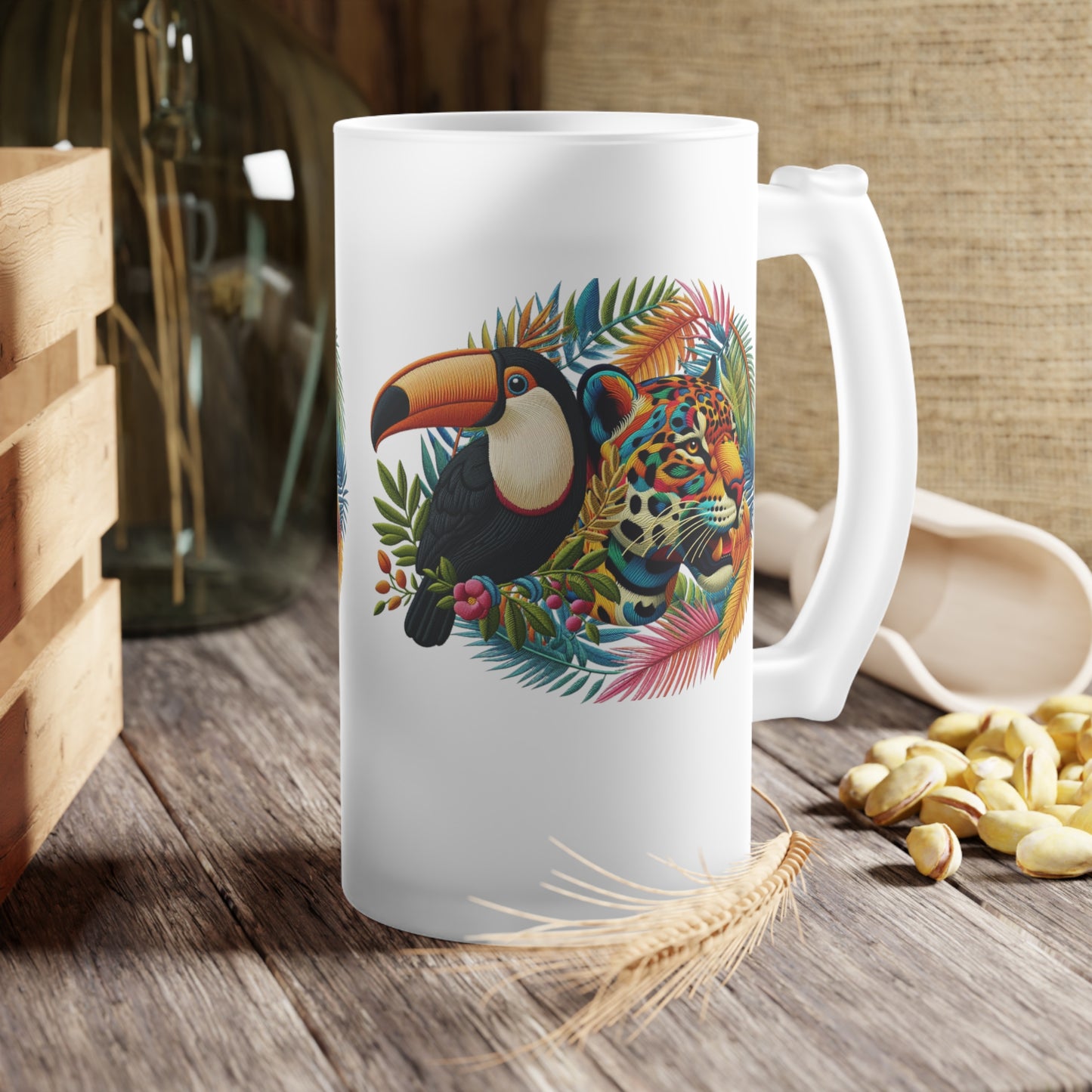 Tropical Wildlife Frosted Glass Beer Mug – Eco Bar Edition with Jaguar & Toucan